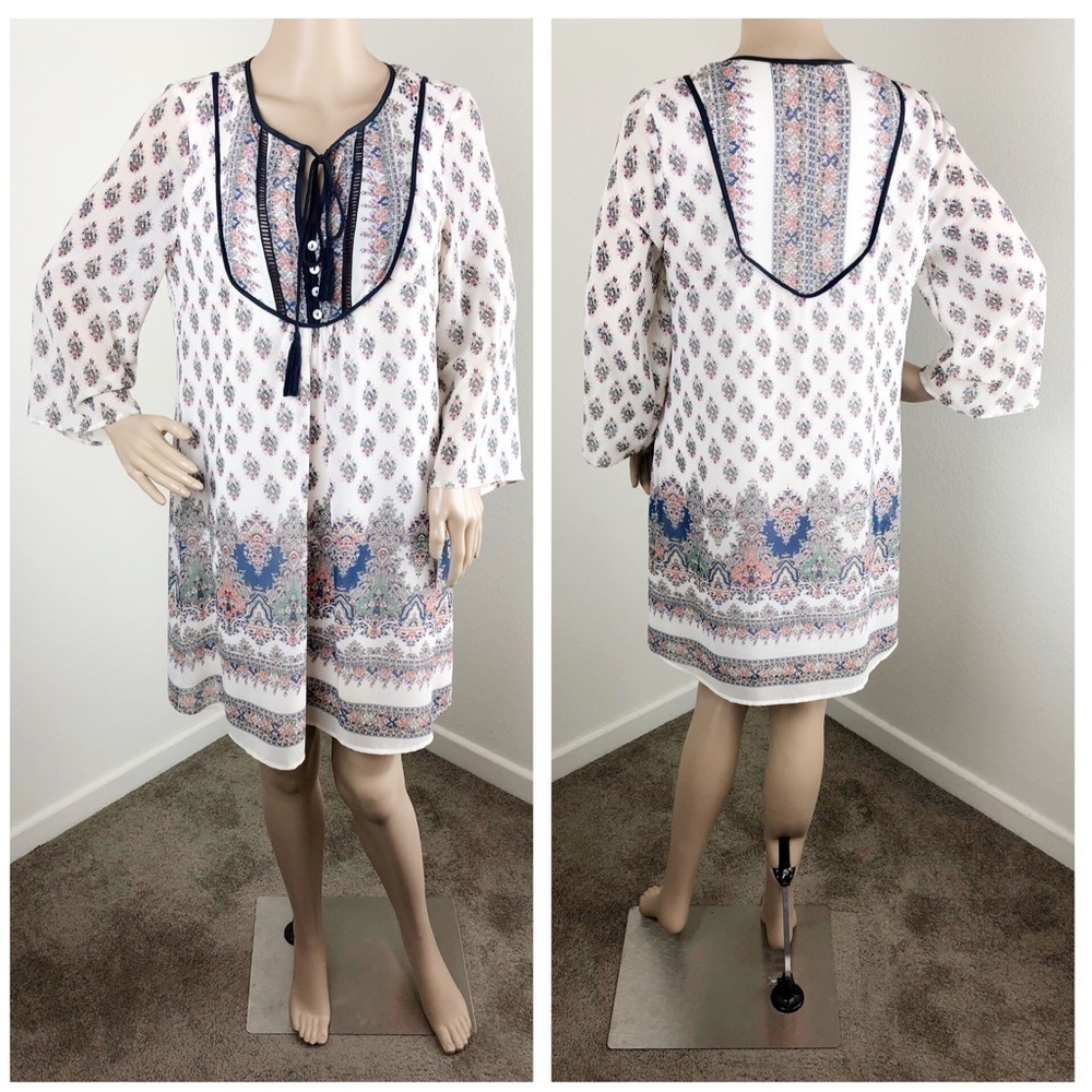 Daniel Rainn boho printed long sleeve tassel dress